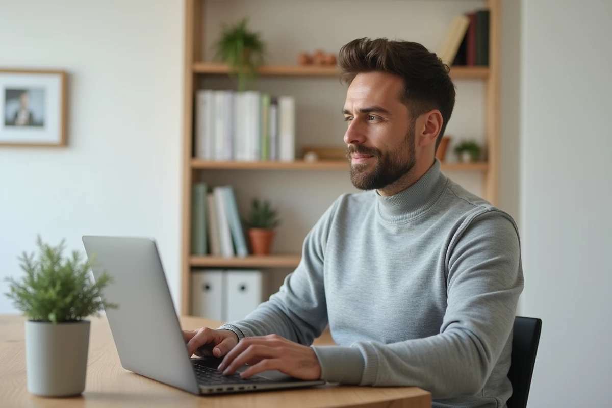 Homme en télétravail concentré devant son ordinateur portable dans un bureau à domicile épuré, illustrant les nouvelles réalités de l'emploi moderne