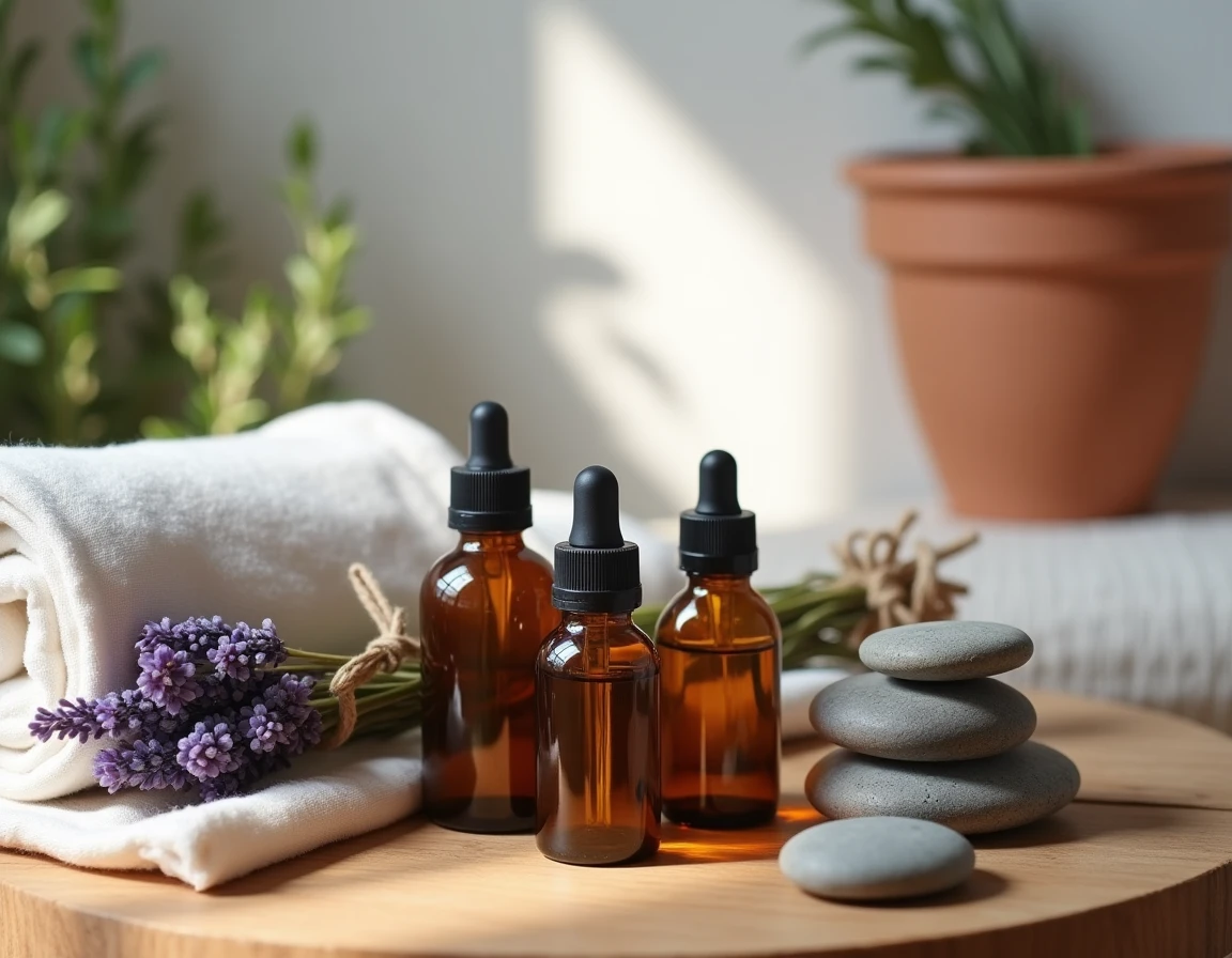Huiles de massage naturelles, pierres chaudes et lavande séchée disposées sur une table en bois dans un spa provençal
