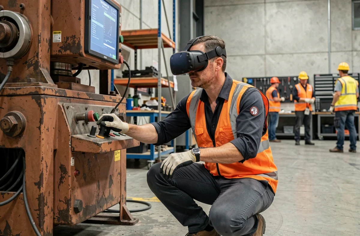Ingénieur en formation industrielle utilisant la réalité virtuelle sur un site de fabrication, simulant l'utilisation de machines complexes