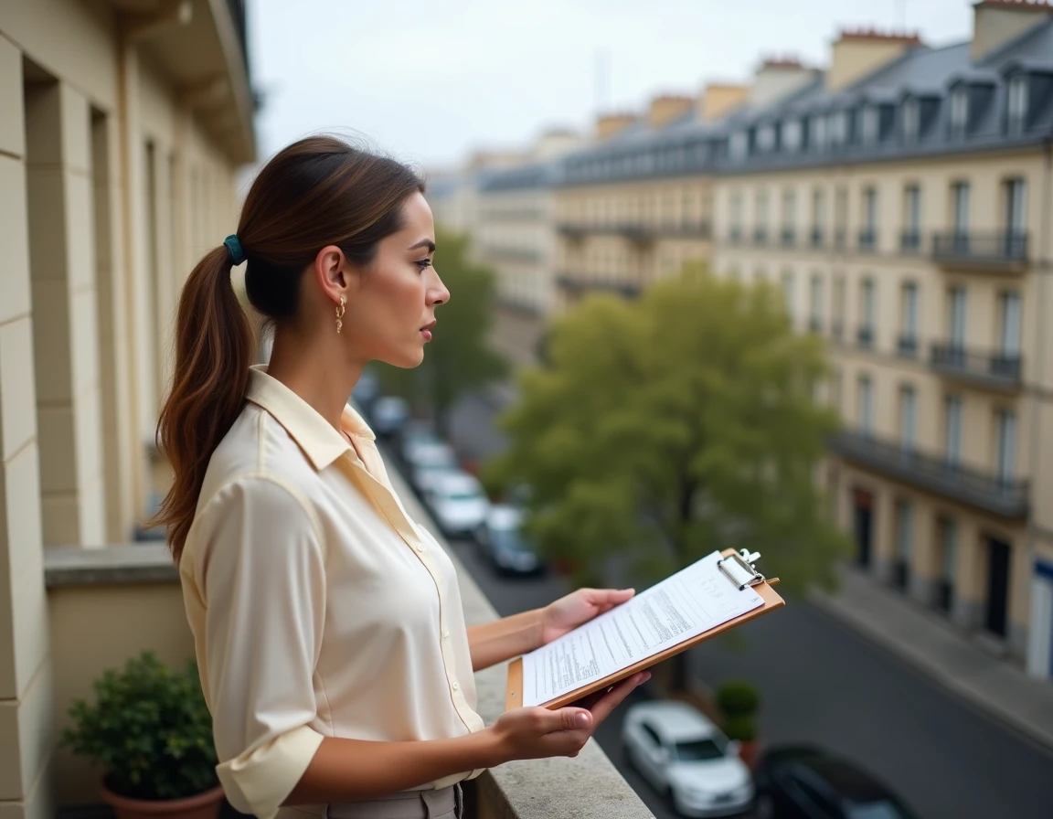 Investisseuse immobilière en visite sur le balcon d'un appartement locatif dans un quartier résidentiel français
