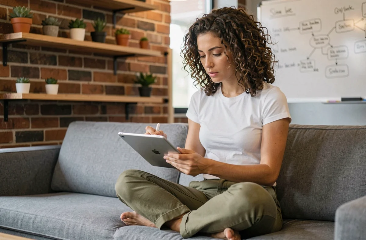 Jeune femme développeuse consultant un prototype d'interface sur tablette dans un espace lounge de startup technologique