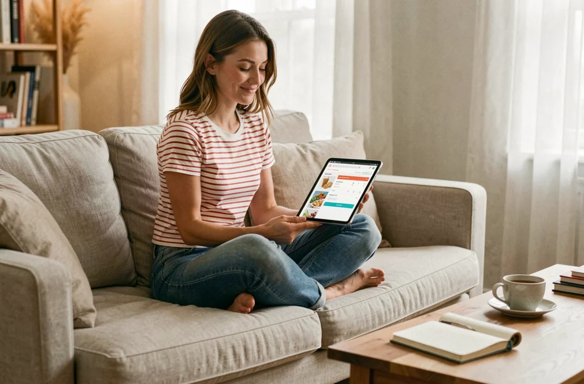Jeune femme souriante utilisant une tablette sur un canapé pour appliquer un code de réduction sur une commande Leclerc Drive