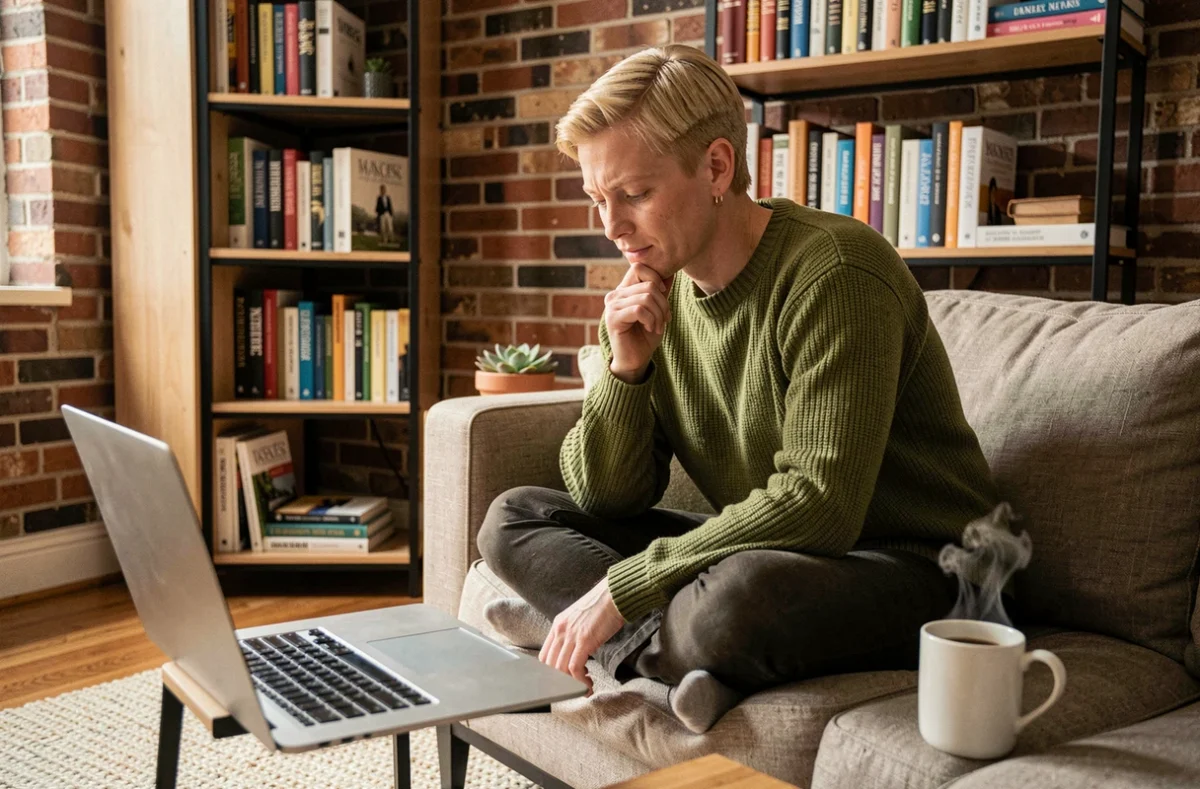 Jeune professionnel réfléchissant à un choix de carrière depuis son bureau à domicile avec un ordinateur portable