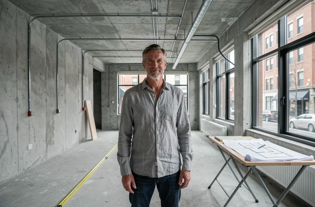 Homme dans un local commercial en cours de transformation en logement avec murs en béton brut et fenêtres industrielles