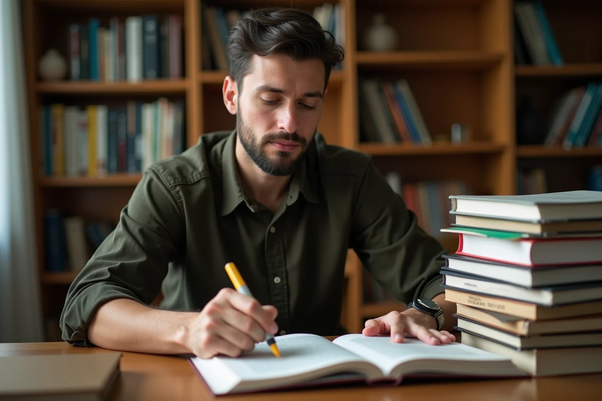 Un homme maîtrisant une bibliographie officielle ciblée pour le concours CPE en mettant de côté des lectures supplémentaires superflues.
