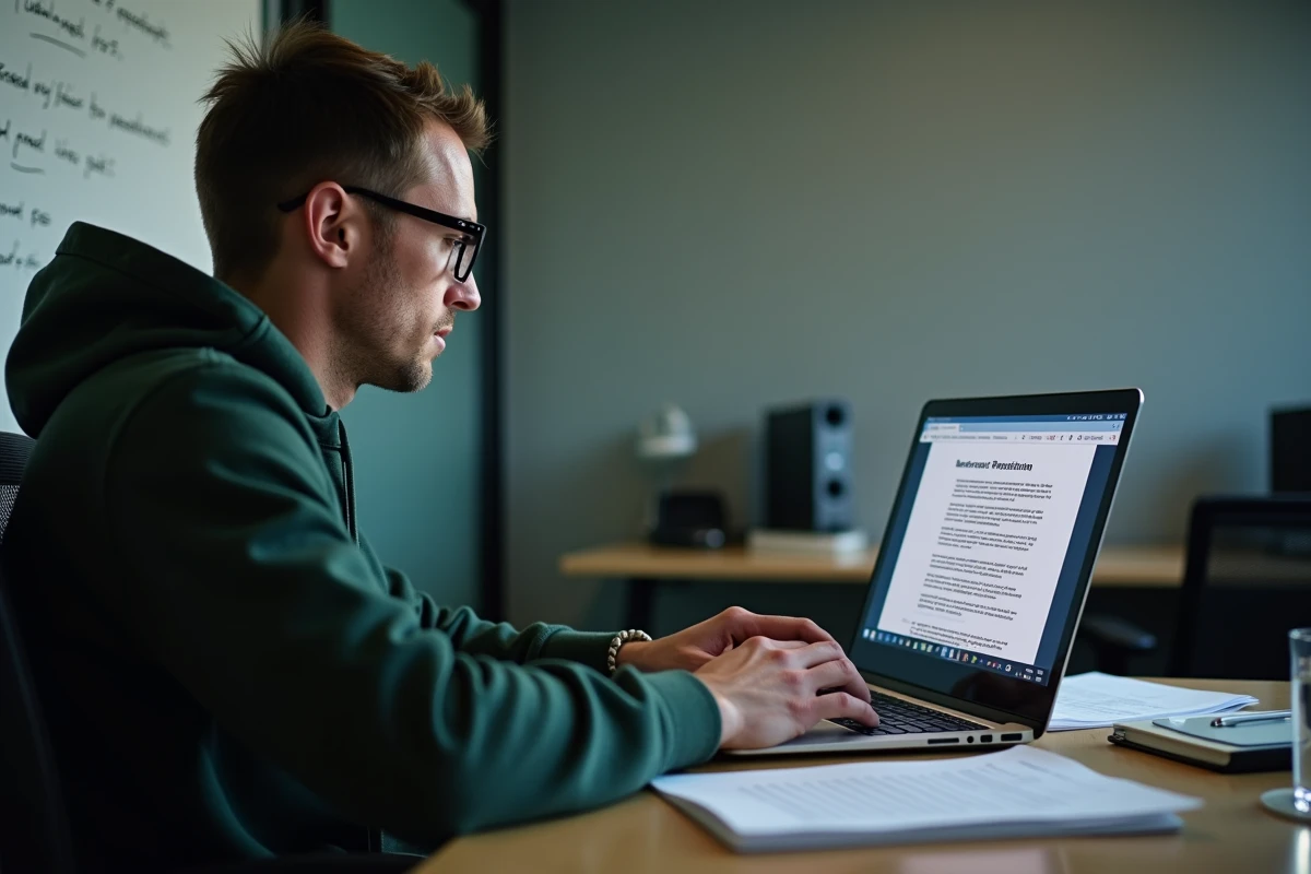 Un homme étudiant des mises en situation de cyberharcèlement et de régulation numérique sur ordinateur portable avec des documents imprimés.