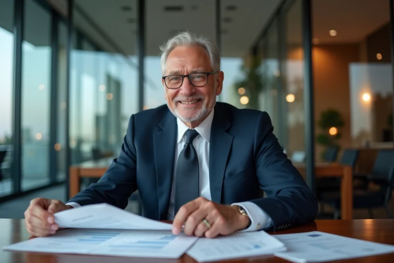PDG d'une grande entreprise aéronautique analysant des documents financiers dans un bureau de direction moderne