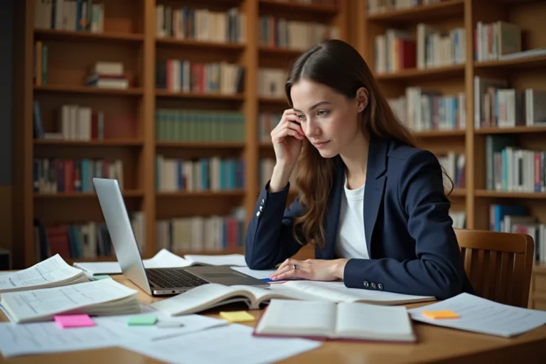 Une candidate au concours de CPE préparant ses révisions à une table de bibliothèque universitaire couverte de manuels et de notes colorées.