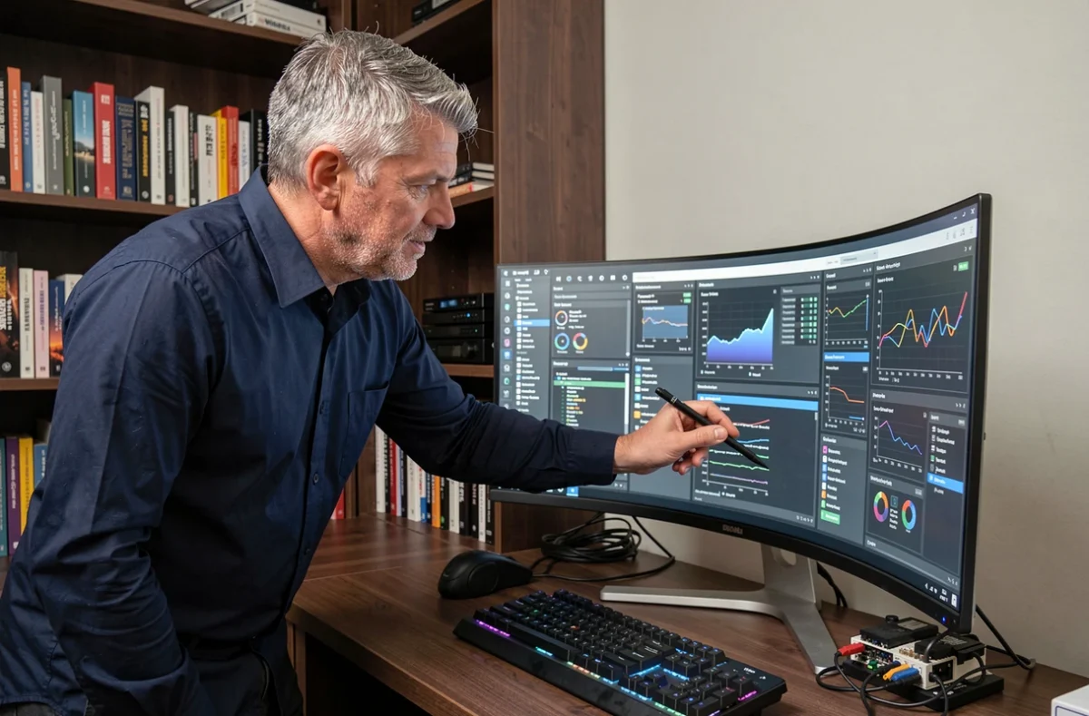 Professionnel IT masculin dans un bureau à domicile avec un grand écran incurvé affichant des interfaces logicielles et tableaux de bord