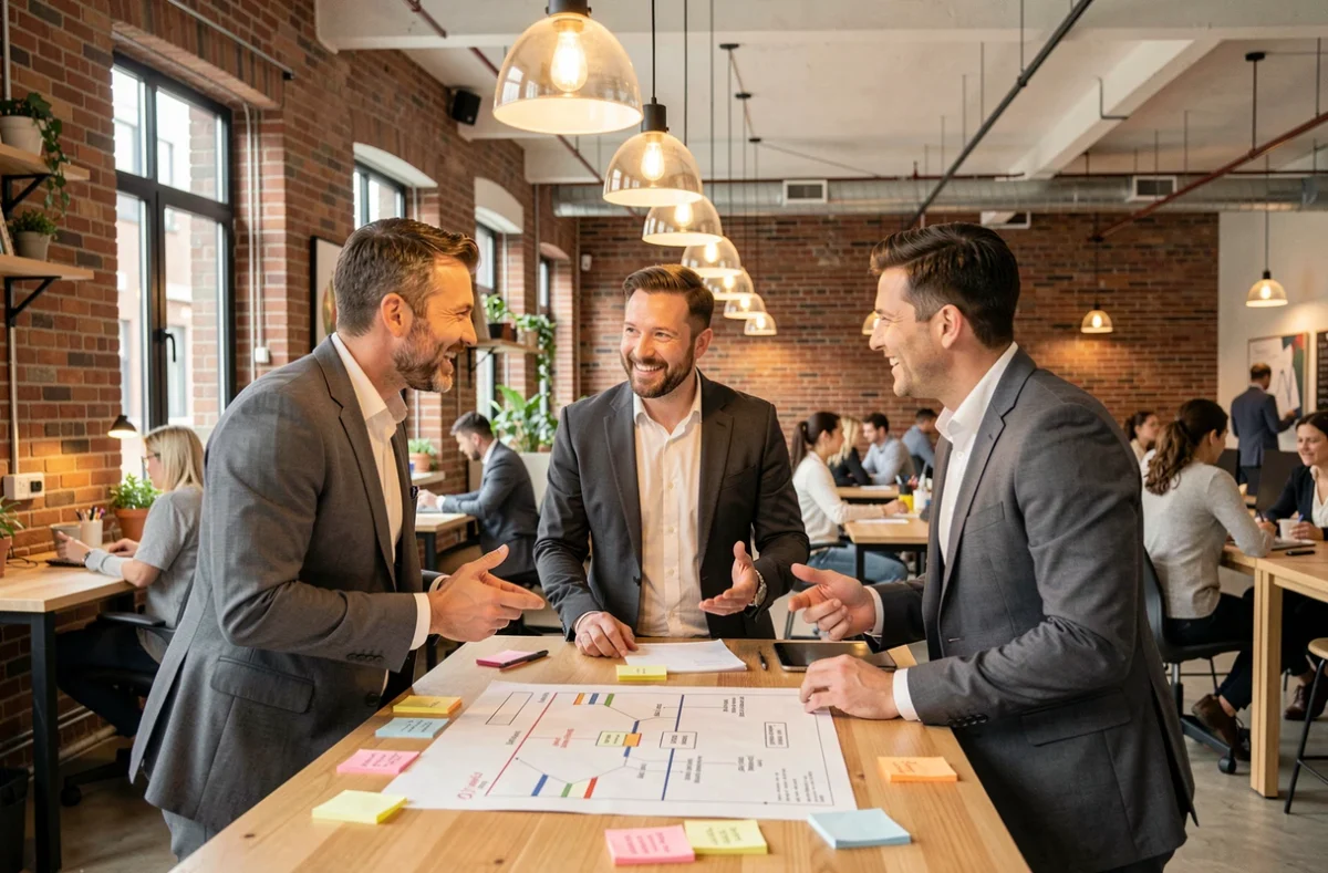 Groupe de professionnels collaborant autour d'un bureau debout dans un espace de coworking moderne, partageant des conseils pour développer leur entreprise