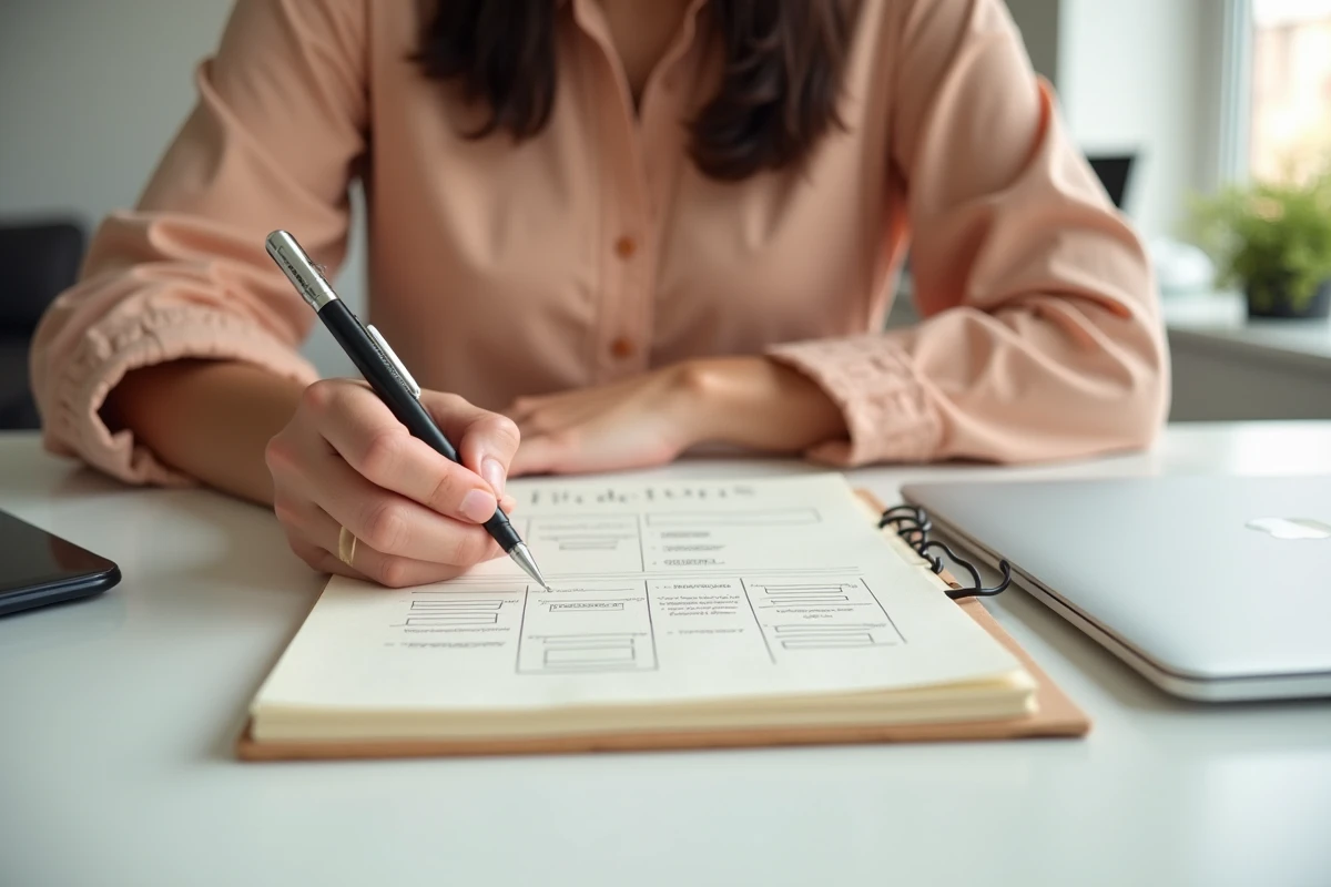 Une candidate rédigeant son projet éducatif personnel structuré dans un cahier dès le début de sa préparation au concours CPE.