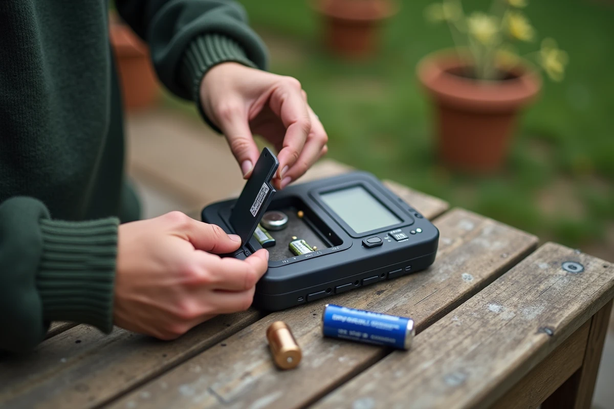 Mains retirant les piles d'une station météo portable pour la réinitialiser dans un jardin