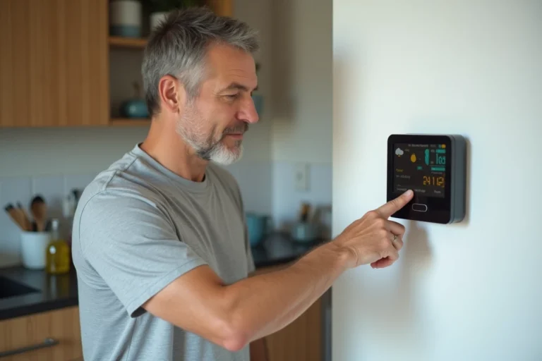 Homme réinitialisant une station météo numérique murale dans une cuisine moderne