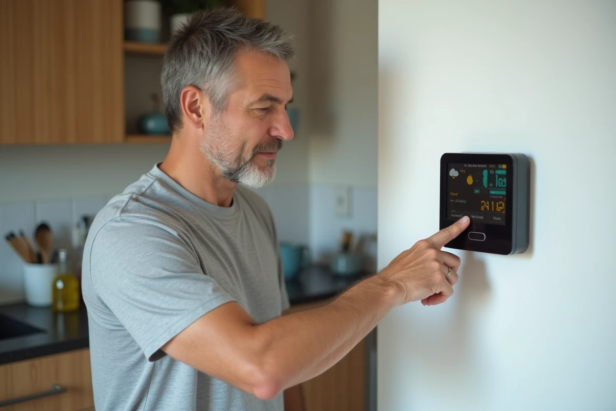 Homme réinitialisant une station météo numérique murale dans une cuisine moderne