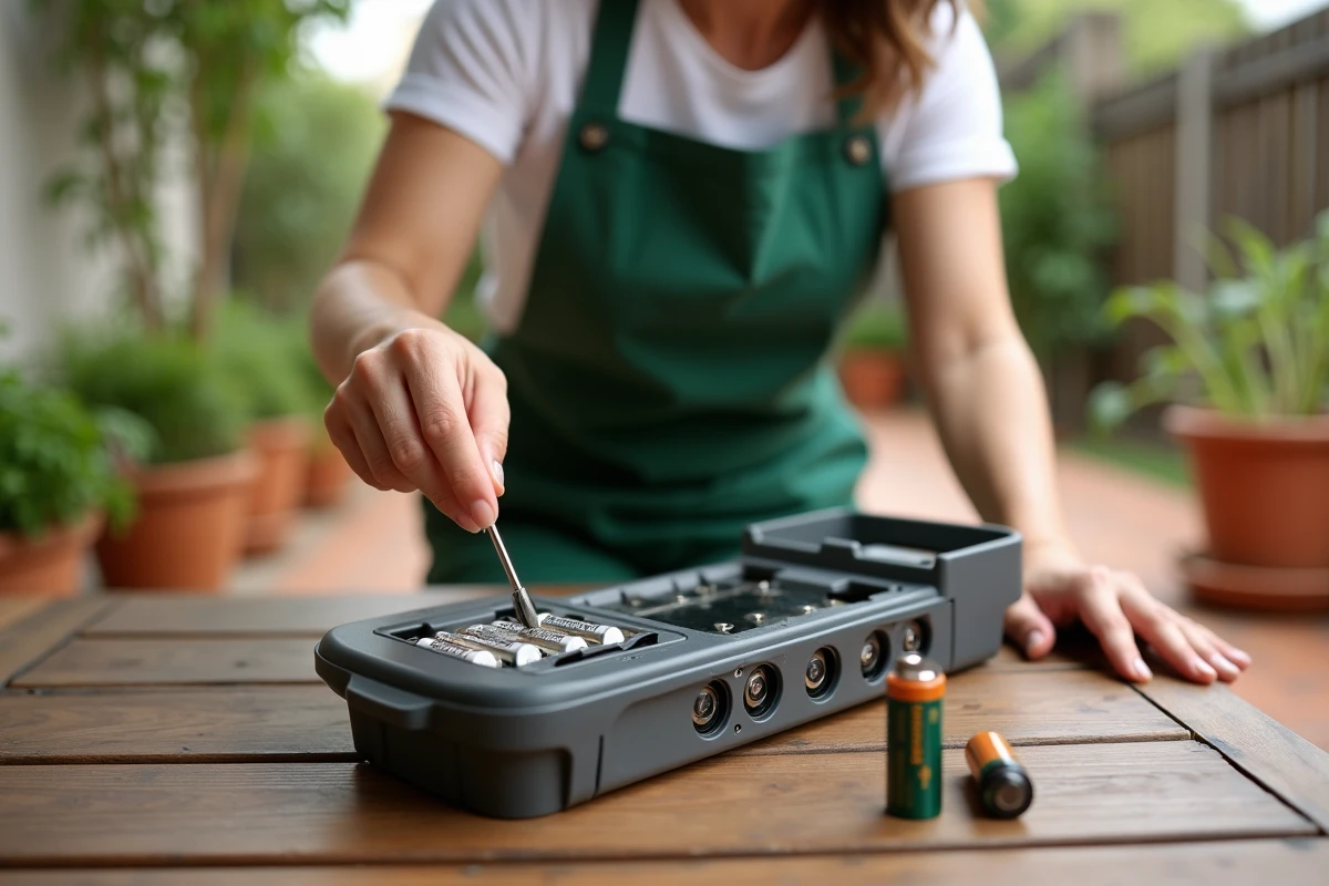 Femme remplaçant les piles usées d'un programmateur d'arrosage sur une table de jardin en bois
