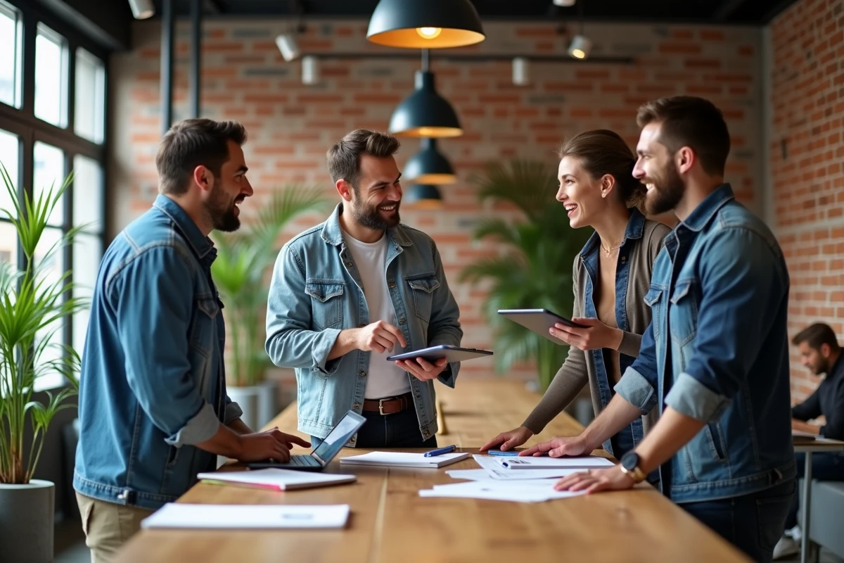 Groupe de professionnels en réunion debout dans un espace de coworking moderne, représentant la collaboration et les nouvelles tendances de l'emploi