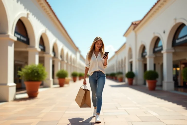 Femme faisant du shopping au village des marques Miramas avec des sacs de boutiques