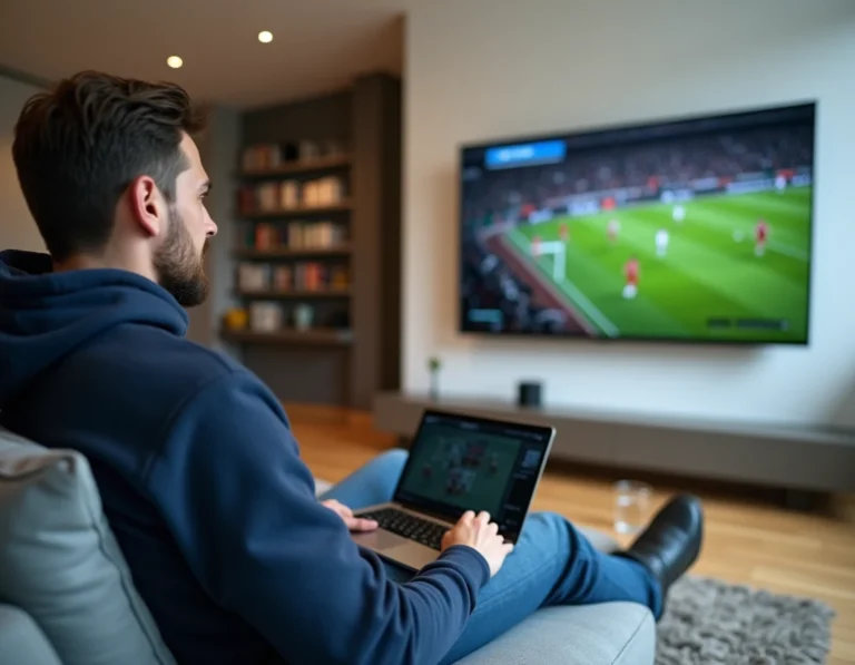 Un homme regarde un match de football en streaming sur sa télévision et son ordinateur portable dans un salon moderne