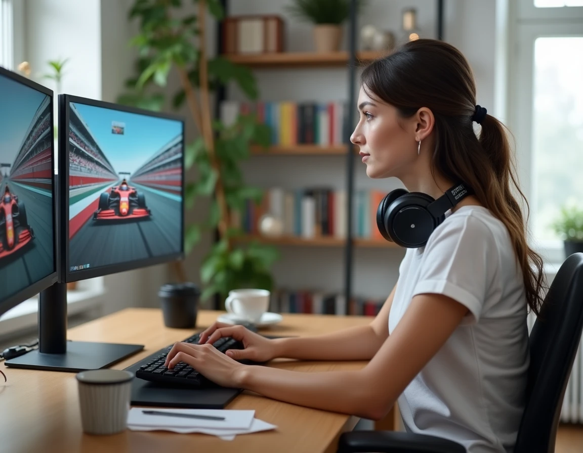 Une femme regarde la Formule 1 en streaming direct sur deux écrans dans un bureau à domicile