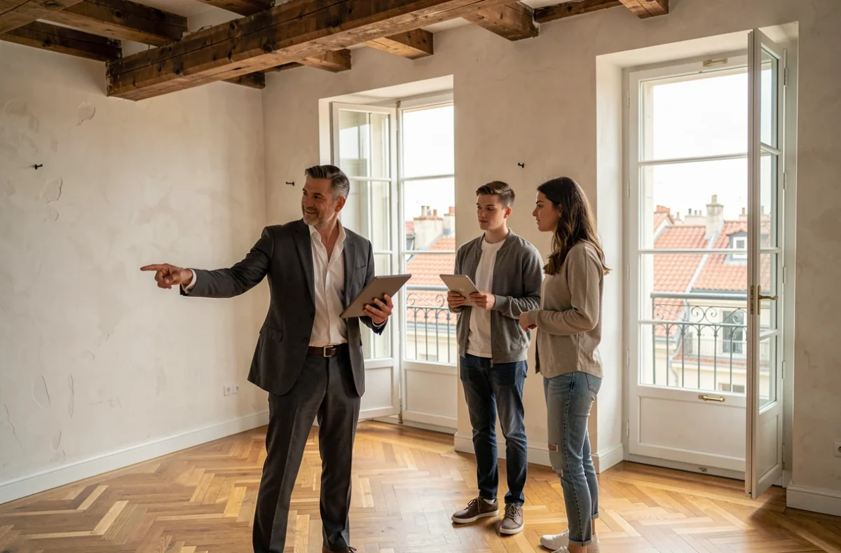 Agent immobilier présentant un appartement à rénover à Lyon lors d'une visite avec des acheteurs