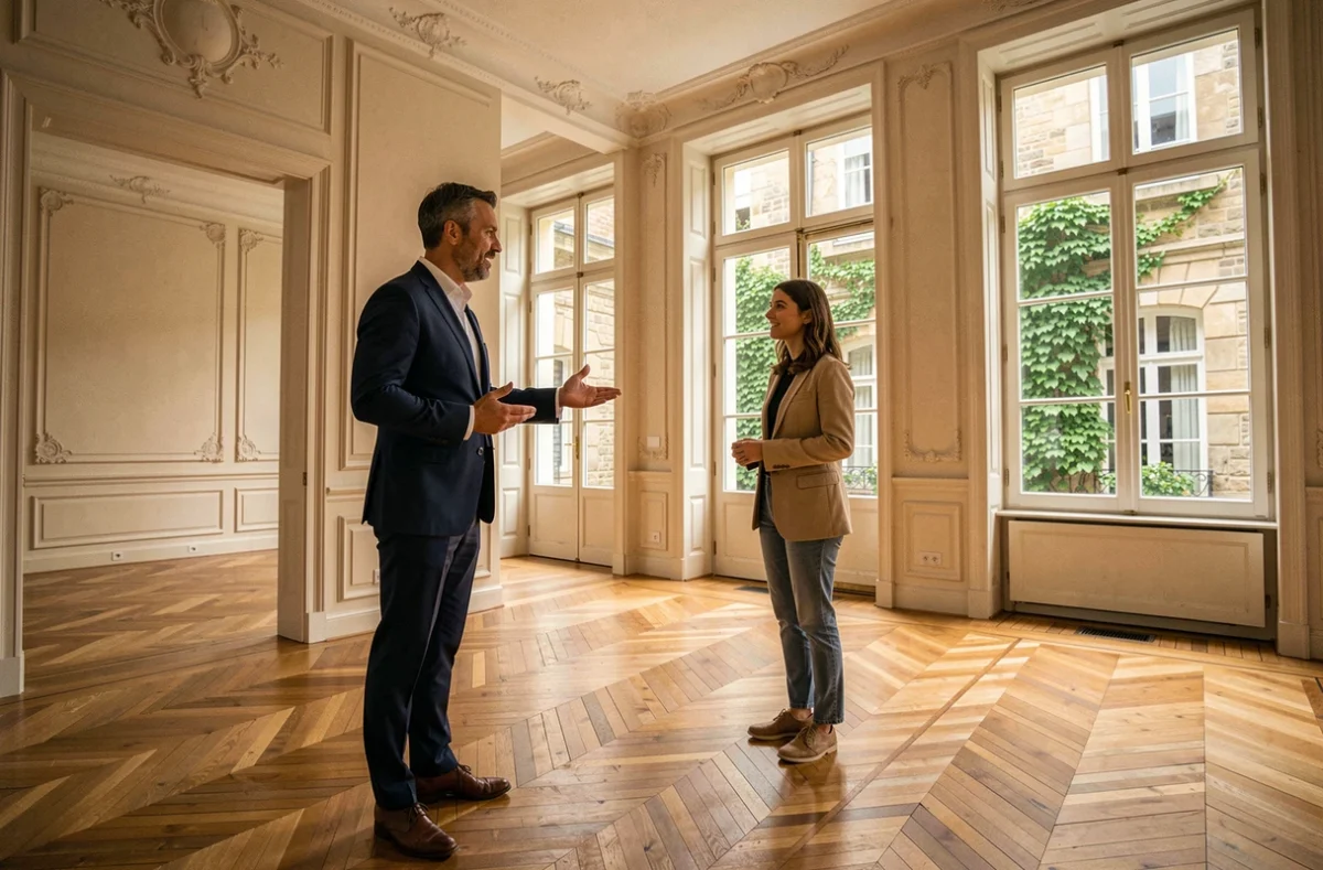 Agent immobilier présentant une maison de maître belge avec parquet en chevrons à un couple lors d'une visite immobilière