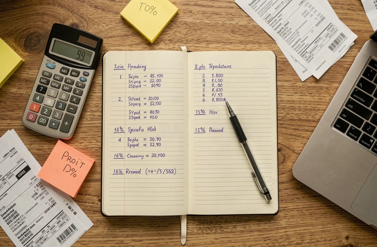 Vue aérienne d'un bureau avec cahier de calcul de marge bénéficiaire, calculatrice et notes financières pour entrepreneur